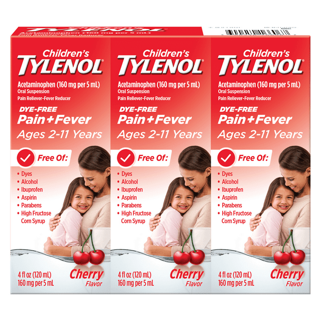 Children's Tylenol Ages 211 Pain + Fever DyeFree Medicine Cherry Flavor, 3 x 4 fl. oz