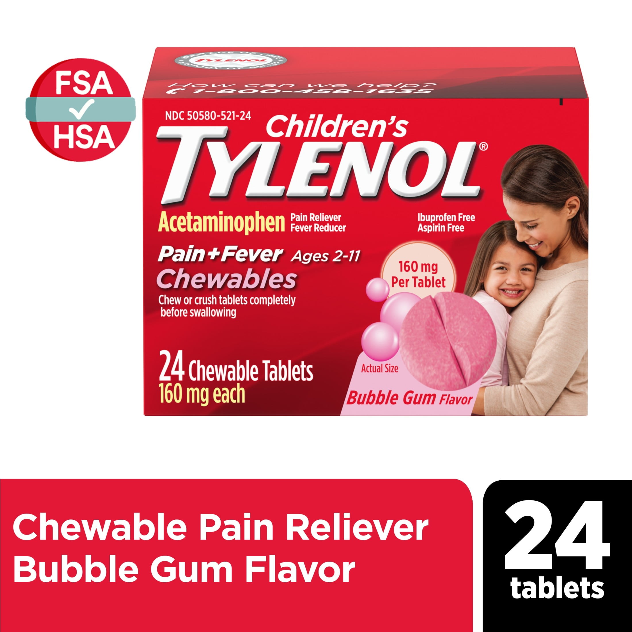 Children's Tylenol Chewables, 160 mg Acetaminophen, Bubble Gum, 24 Ct