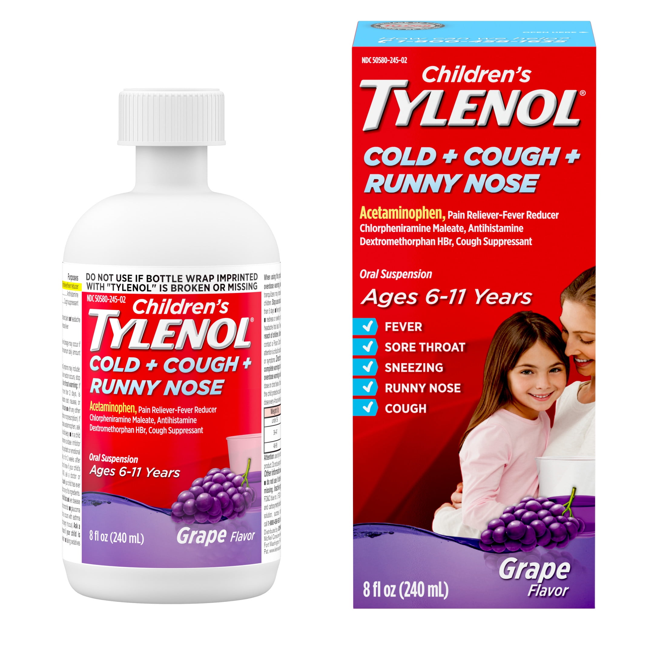 Children's Tylenol Cold + Cough + Runny Nose Medicine, Grape, 8 fl. oz
