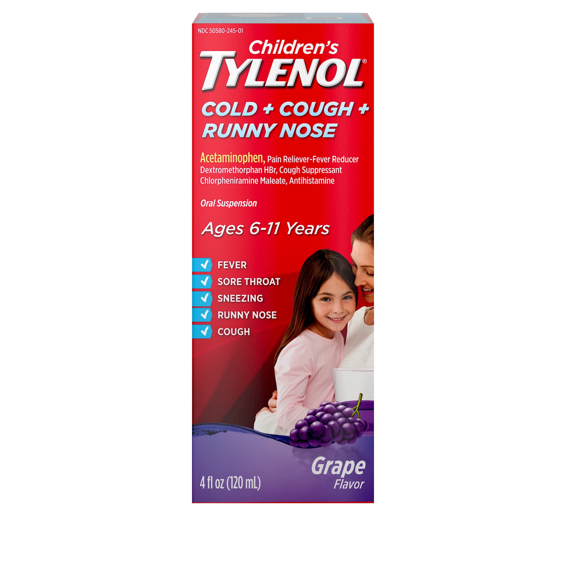Children's Tylenol Cold + Cough + Runny Nose Medicine, Grape, 4 fl. oz