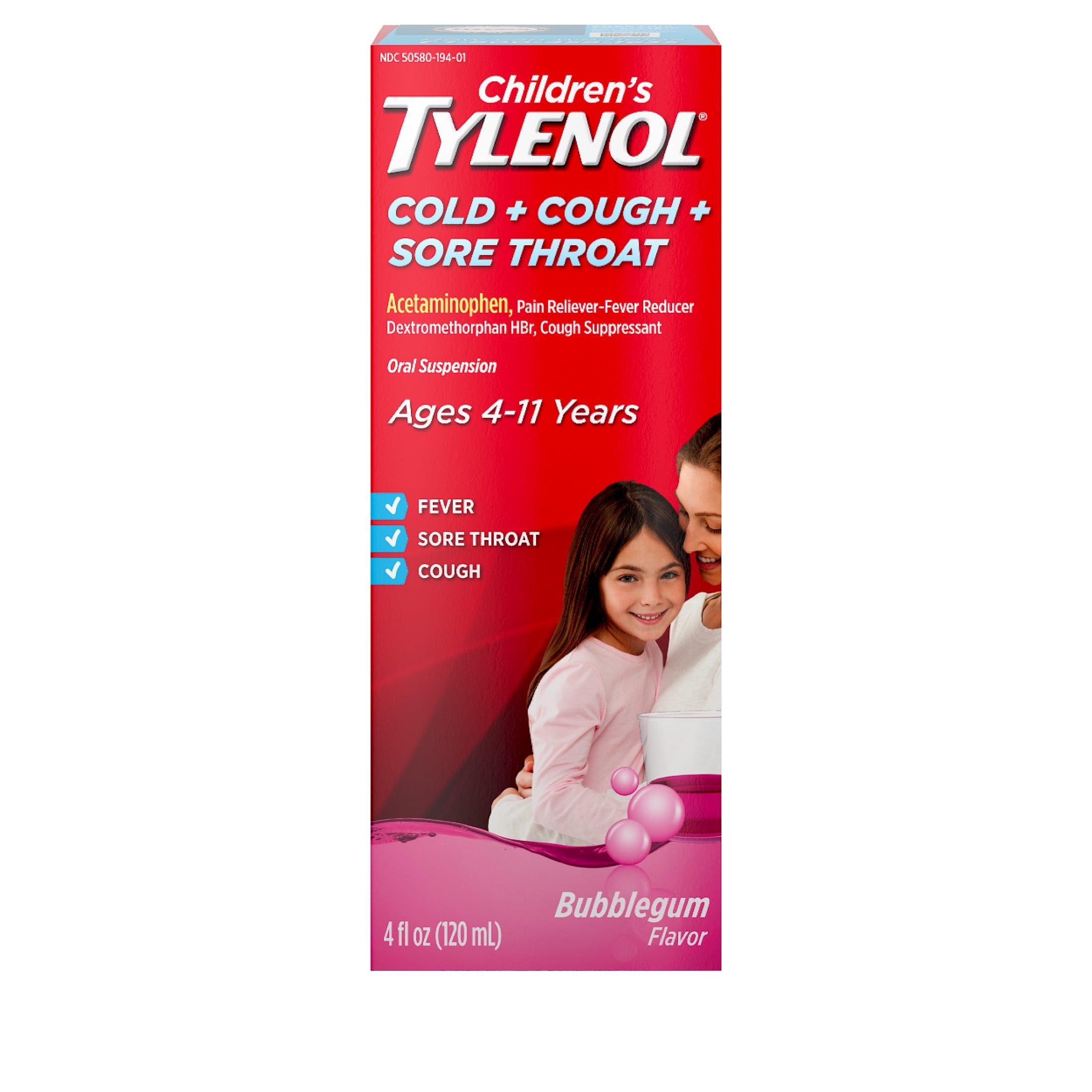 Children's Tylenol Cold, Cough, and Sore Throat, Bubblegum, 4 fl. oz