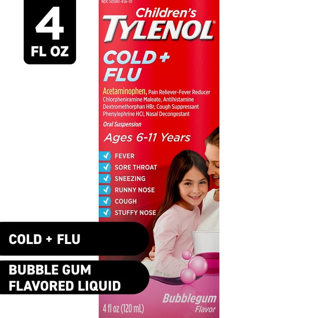 Children's Tylenol Cold and Flu Oral Suspension, Bubblegum, 4 fl. oz