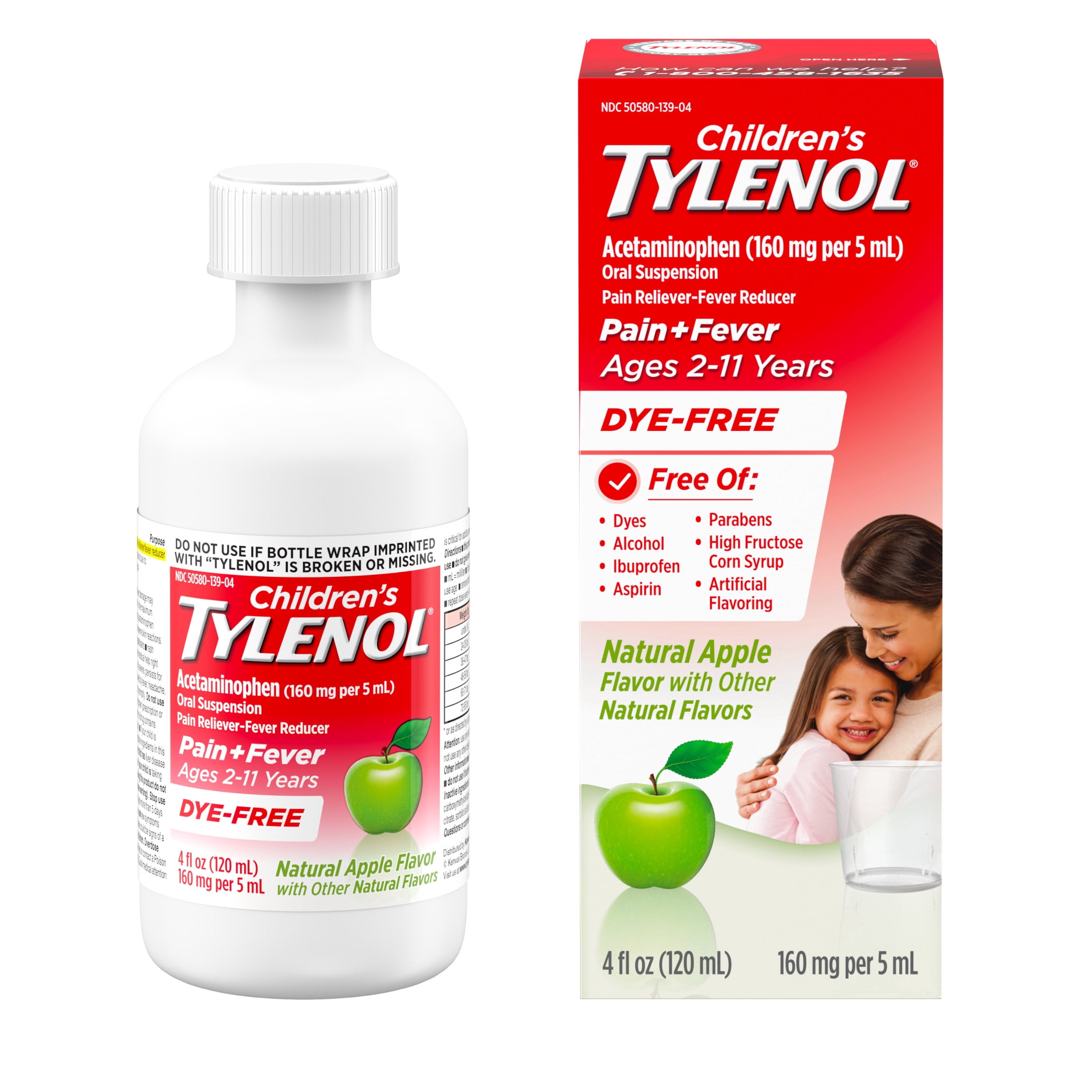Children's Tylenol Pain + Fever Medicine, Dye-Free, Apple, 4 fl. oz