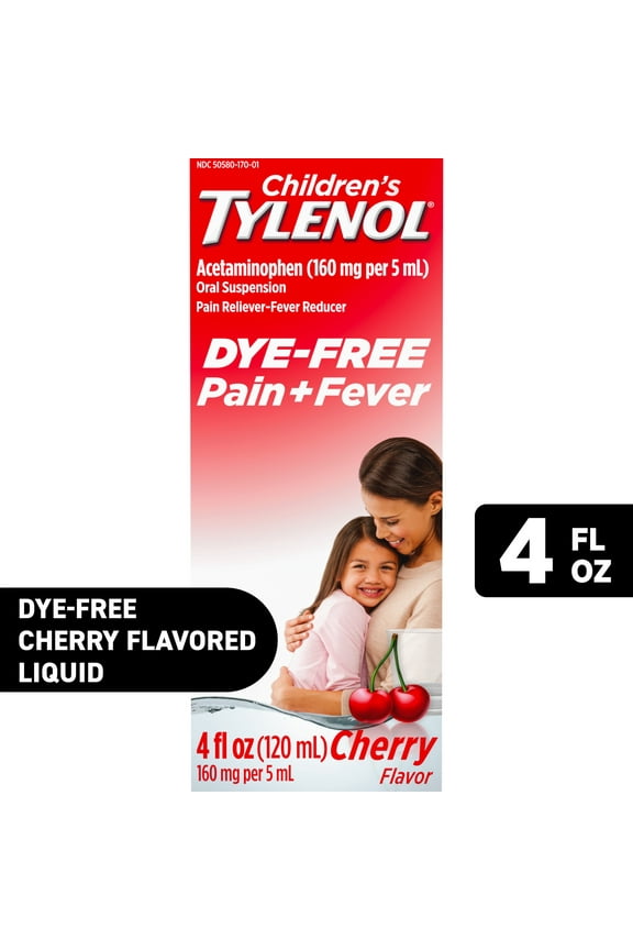 Children's Tylenol Pain + Fever Medicine, Dye-Free, Cherry, 4 fl. oz