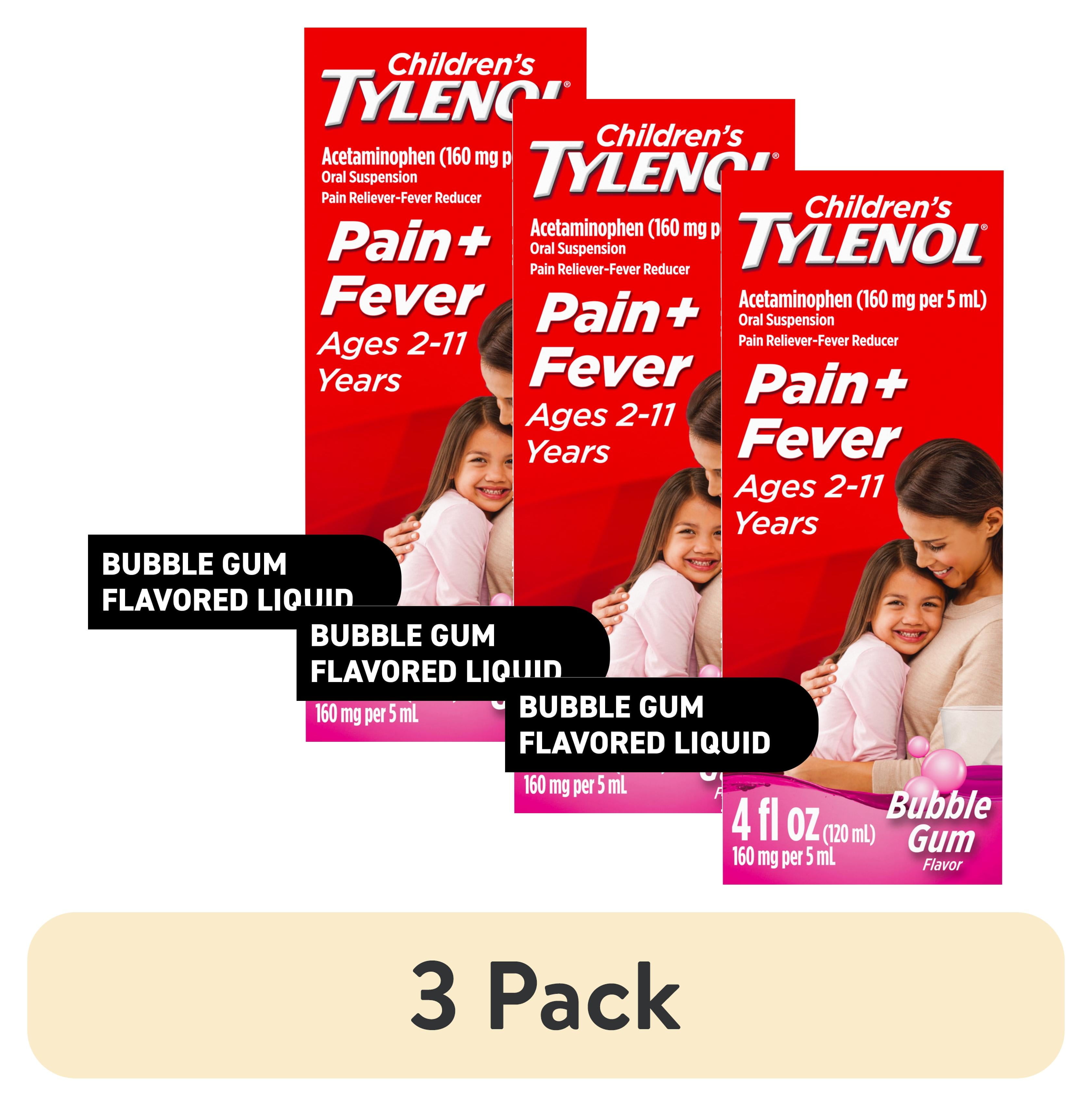 (3 pack) Childrens Tylenol Pain + Fever Relief Medicine, Bubble Gum, 4 fl. oz
