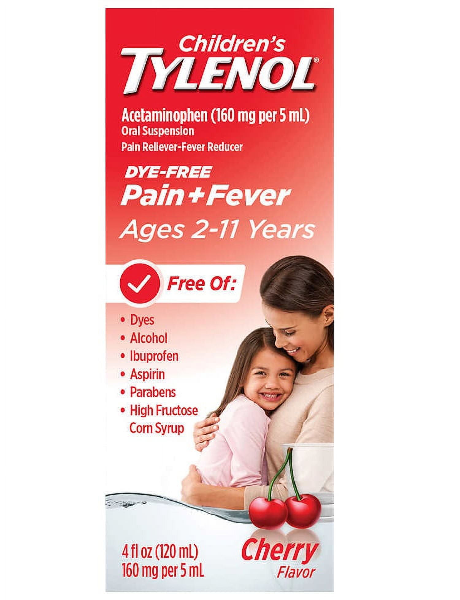 Children's Tylenol for Ages 2-11 Dye-Free Cherry Flavor Suspension, 4 Ounces (Pack of 2)