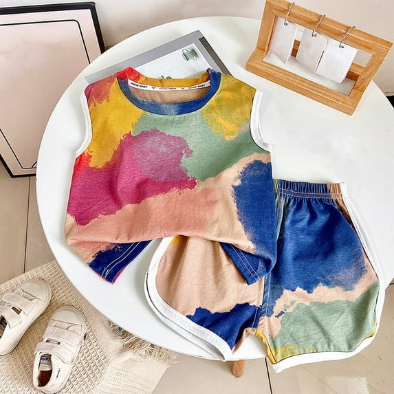 Children's Undershirt Set Spring And Summer Boys And Girls Ink Oil Painting Style Sleeveless Shorts Two-piece Suit 1-7 Years Boys Suspender Pants+Bow Tie Boys Baby Boy Clothes