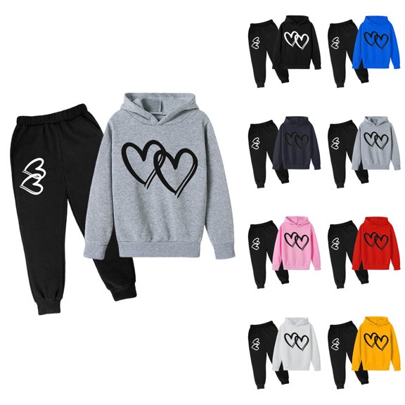 Children's Valentine Heart Print Hoodie Set, 2 Piece Love Heart Sweatshirt and Sweatpants for Boy Girls, Long Sleeve Athletic Tracksuit Jogger