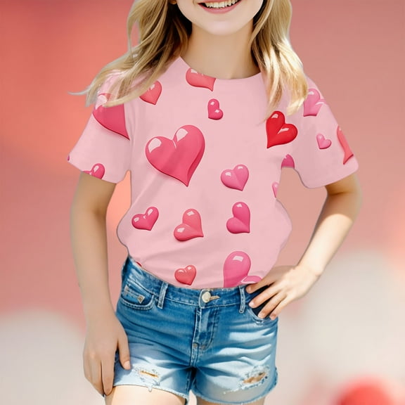 Children's Valentine's Day Fashion Printed Short Sleeved Top Tween Girls Clothes Blank Tops 4t Girl Tops 4t Girls Dresses Summer Tunic Tops Big Girls Girls Tops Size 14 16 Hot Girls Top Cute