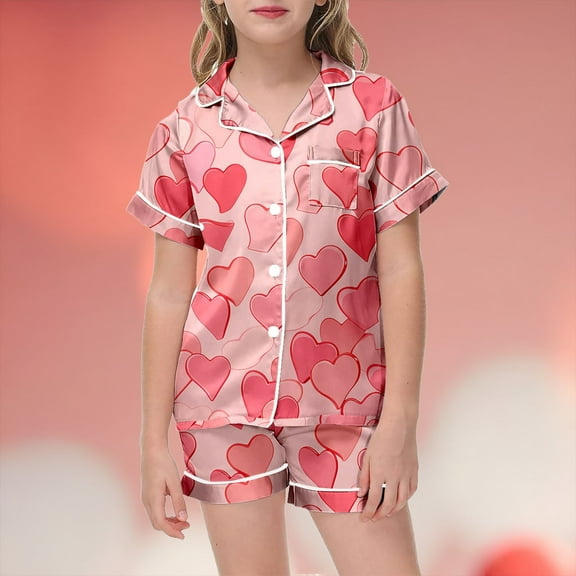 Children's Valentine's Day Printed Short Sleeved Shorts Two Piece Pajama Set Size 12-13 Years