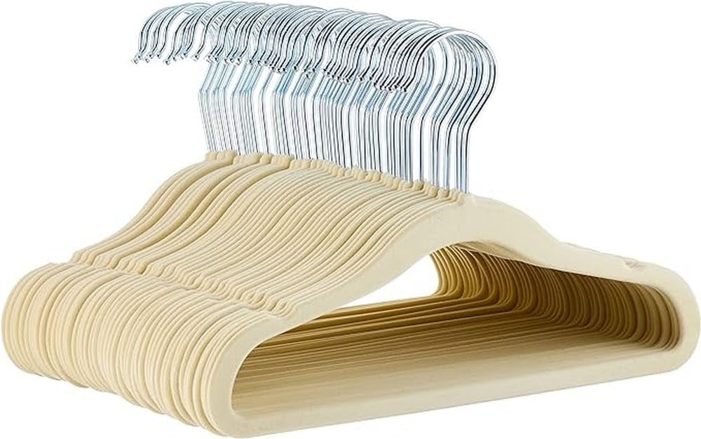 Children's Velvet Non-Slip Hanger, Space Saving, Shoulder Groove, Solid Wardrobe Finishing Hanger 11.6 Inch, Beige Pack of 30