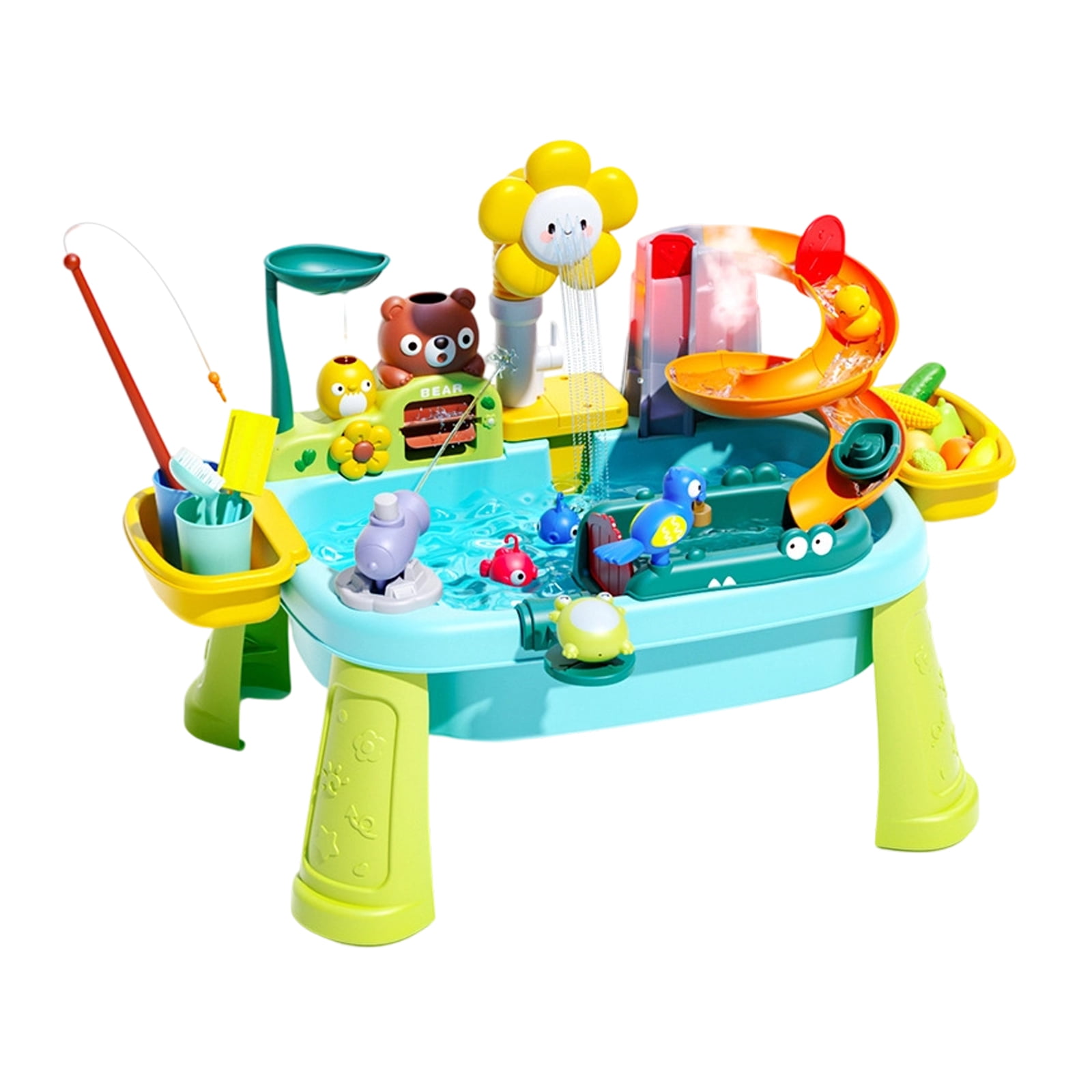 Children’s Water Table Play Set with Fishing Game, Slide, Rotating Fountain, and Animal Toys for Outdoor Fun