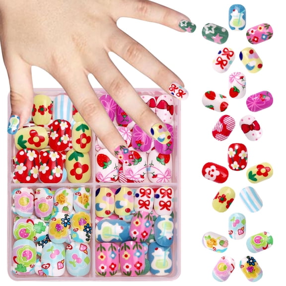 Children's Wear Nail 96 Pieces Short Square Circle Spring Small Flower Mori Cute Children's Fun Girl Children's Nail Art Nail Patch