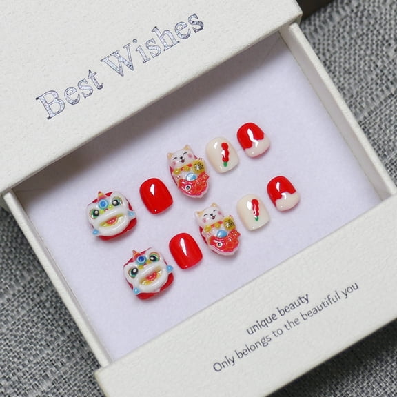【Children's Wearable Nail】Fortune Lion Pure Handmade Nail Patch New Year's Good Luck Niche White Short Style