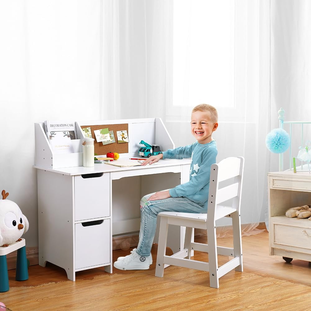 White Wood Kids Study Desk with Bulletin Board and Shelves