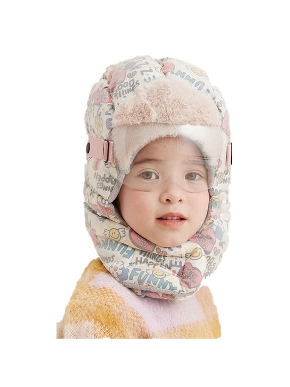Children's Windproof Hat, Winter Warm Face Mask, Eskimo Hat with Ear Flaps, Fully Wrapped Cotton and Velvet, Non Fogging Goggles With Mask, Cute Cozy Trapper Cap for Kids, Ski Mask Balaclava