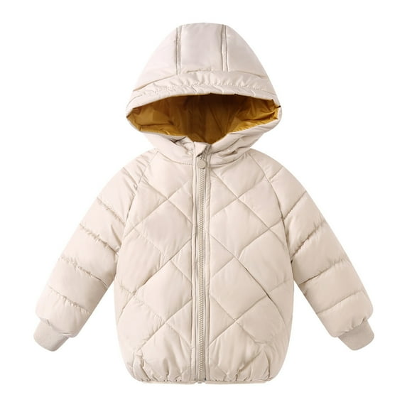 Children's Winter Down Jackets Solid Color Long Sleeved Full Zipper Padded Hooded Coats Casual Warm Thickened Outwear Jacket Beige 3 Years