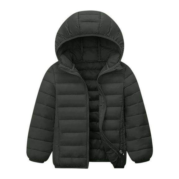 Children's Winter Down Jackets Solid Color Long Sleeved Full Zipper Padded Hooded Coats Casual Warm Thickened Outwear Jacket Dark Gray 130