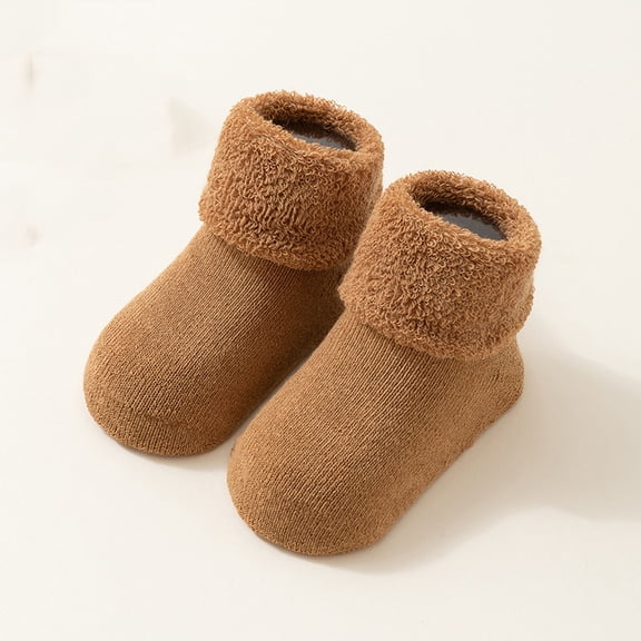 Children's Winter Fleece Floor Socks Kids Boys Girls Slipper Socks Thickened Warm Ankle Crew Socks Fuzzy Slipper Socks Coffee 90