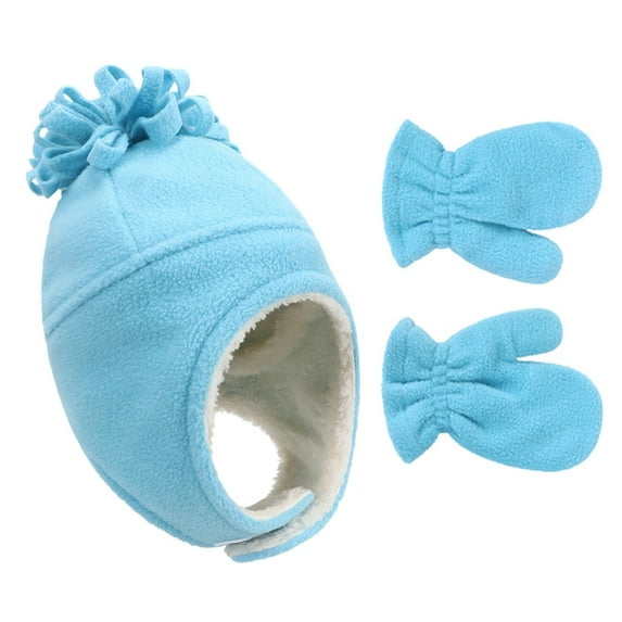 Children's Winter Hat and Gloves Set, 2-Piece Soft Fleece Warm Toddler Hat and Mittens, Solid Color Kids Cold Weather Beanie and Gloves, 9 Colors for Boys and Girls - Light blue