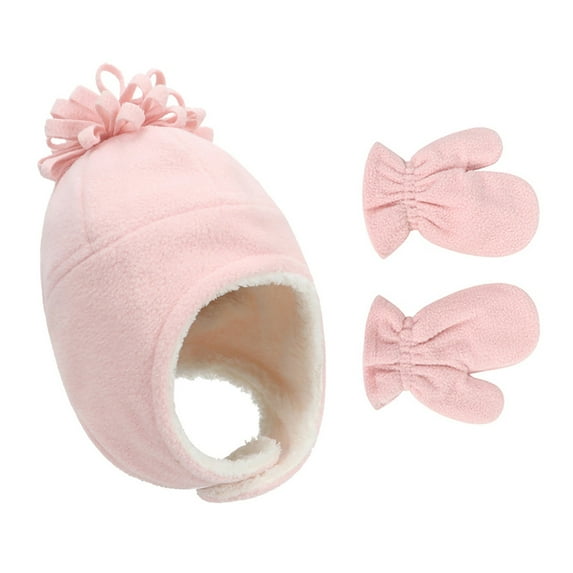 Children's Winter Hat and Gloves Set, 2-Piece Soft Fleece Warm Toddler Hat and Mittens, Solid Color Kids Cold Weather Beanie and Gloves, 9 Colors for Boys and Girls - Pink