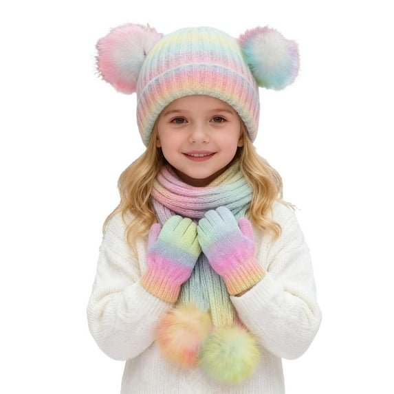 Children's Winter Hats Gloves Scarf Set, Knitted Lined Beanies Cap for Ages 3-10 Years Boys Girls