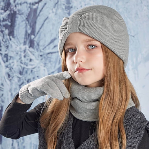 Children's Winter Hats Scarf Glove Set, Knitted Beanie Hat Lined Neck Warmer Mittens Set for Boys and Girls