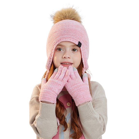 Children's Winter Hats with Ear Flaps Gloves and Scarf Set, Knitted Lined Beanies Cap for 4-10 Years Boys and Girls