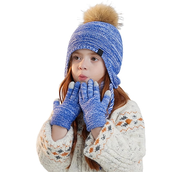 Children's Winter Hats with Ear Flaps Scarf Glove Set, Knitted Lined Beanies Cap for 4-10 Years Boys Girls