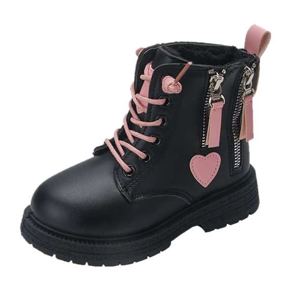 Children's Winter Leather Lace Up Stylish Color Matching Side Zipper Boots Children's Autumn And Winter Comfortable Shoes Girls Boots Black 11 Years-11.5 Years