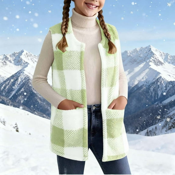 Children's Winter Plaid Vests Sleeveless Casual Warm Collar Top Fall Fashion Color Block Pocket Outerwear for Kids Green 170