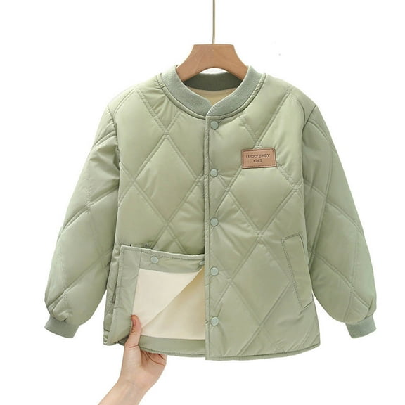 Children's Winter Thick Padded Jacket, Boys Girls Fleece Lined Quilted Coat, Snap Button Outerwear Jackets with Pockets Green 6-7Y