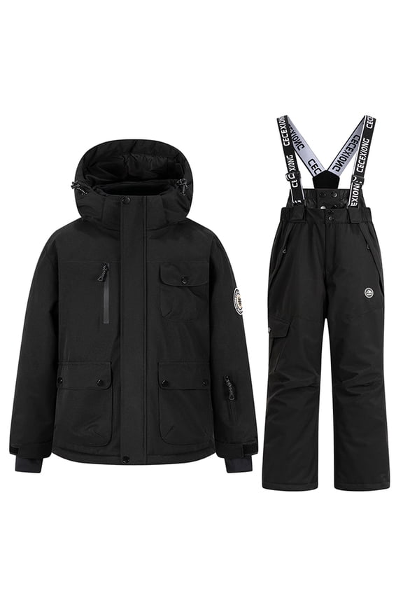 Children's Winter Thick Waterproof Windproof And Warm Hooded Long Sleeved Top+suspender Ski Pants Equipment Two-piece Set