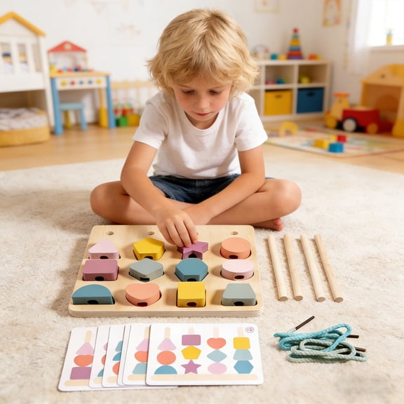 Children's Wooden Geometric Shape Matching Board Color Sorting String Building Block Stacking Column Toddler Early Education Learning Toy for Boys Girls
