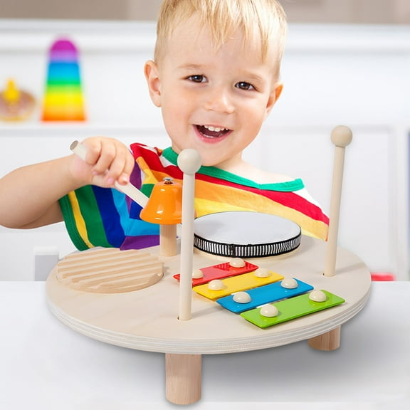 Wooden Percussion Music Set, Kids Drum Table with Finger Fiddle Tambourine, Educational Musical Toy, Birthday Gift for Toddlers, Hand-Eye Coordination Rhythm Instrument