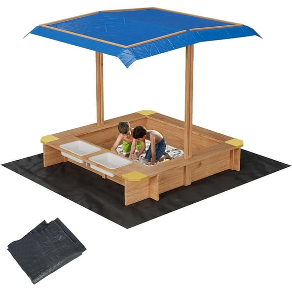 Children's Outdoor Wooden Sandbox w/ 2 Plastic Boxes, Liner+UV-Resistant Canopy