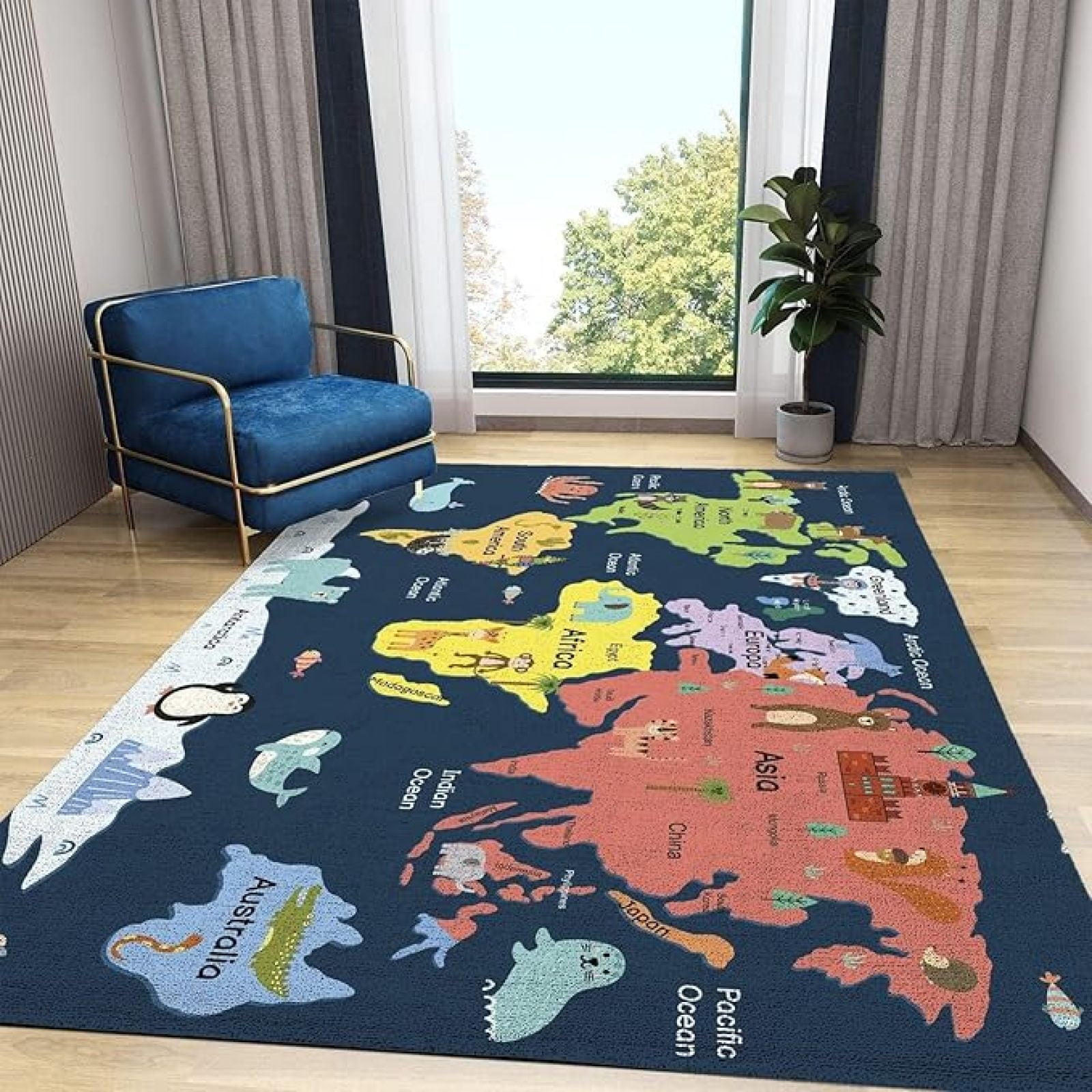 Children's World Map Area Rug, Blue Ocean Education Indoor Non Slip ...