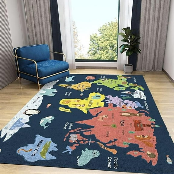 Children's World Map Area Rug, Blue Ocean Education Indoor Non Slip Kids Rugs, Machine Washable Breathable Durable Carpet For Kindergarten Children's Bedroom Dormitory 5x6ft