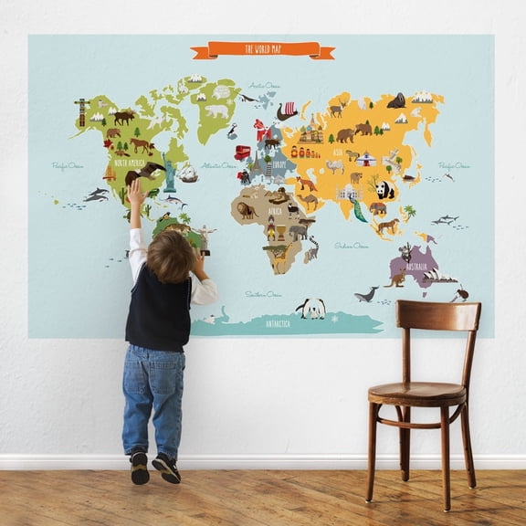 Children's World Map Vinyl Poster Sticker - Large 70-Inch w x 45.5-Inch h
