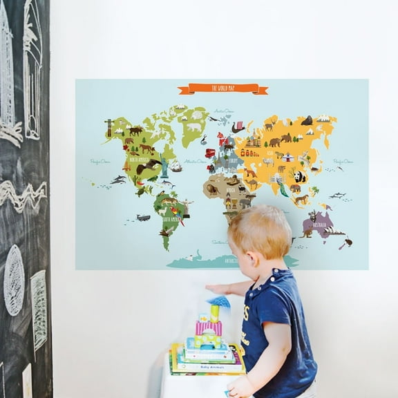 Children's World Map Vinyl Poster Sticker - Small 35-Inch w x 22.5-Inch h