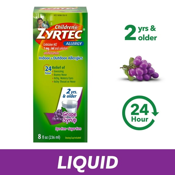 Children's Zyrtec 24 Hour Allergy Syrup, Cetirizine, Grape, 8 fl. oz