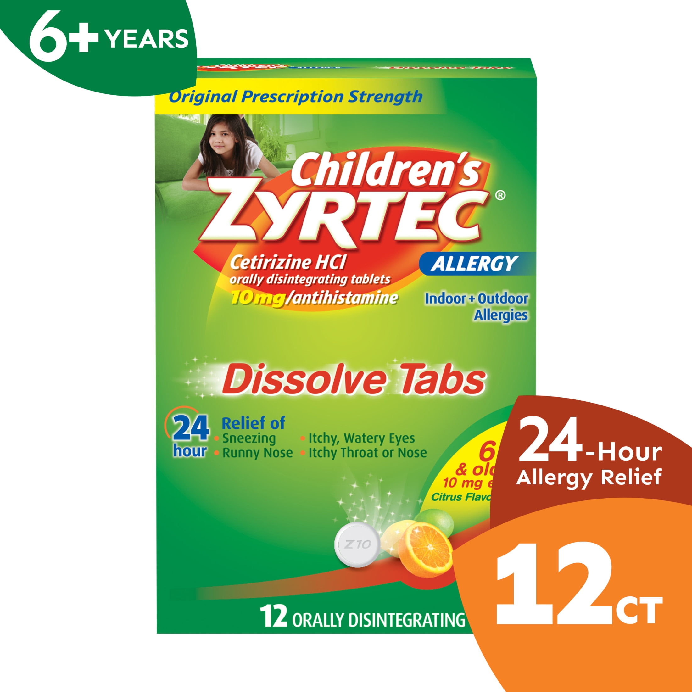 Children's Zyrtec 24 Hr Allergy Relief Dissolve Tablets, Citrus, 12 ct