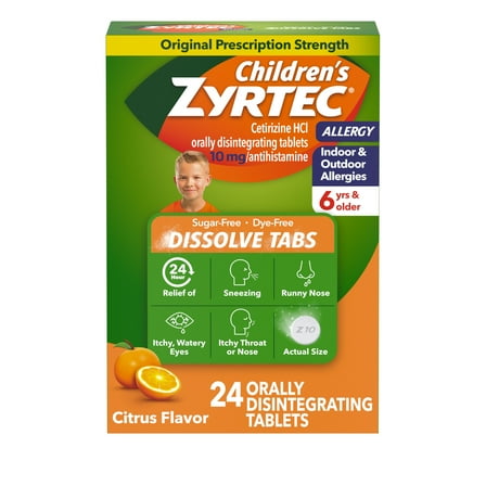 Children's Zyrtec 24 Hr Allergy Relief Dissolve Tablets, Citrus, 24 Count