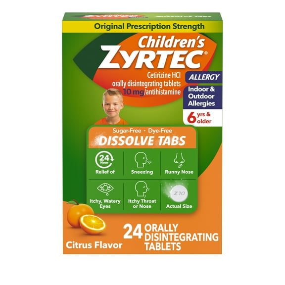 Children's Zyrtec 24 Hr Allergy Relief Dissolve Tablets, Citrus, 24 Count