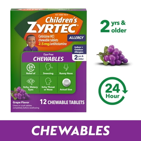 Children's Zyrtec 24 Hr 2.5 mg Allergy Chews for Ages 2+, Grape, 12 Count