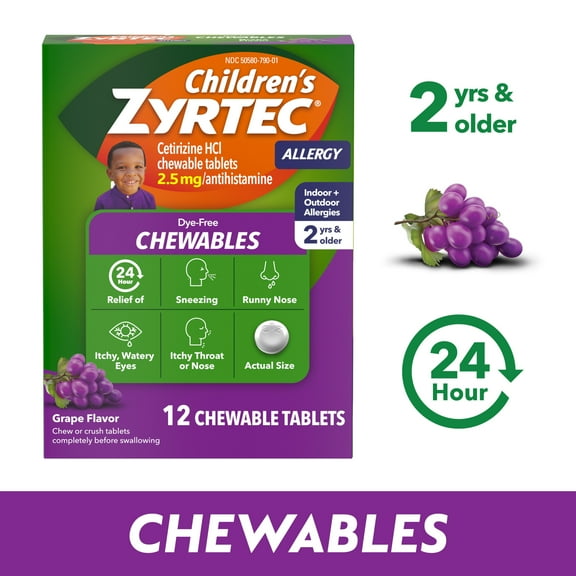 Children's Zyrtec 24 Hr 2.5 mg Allergy Chews for Ages 2 , Grape, 12 Count