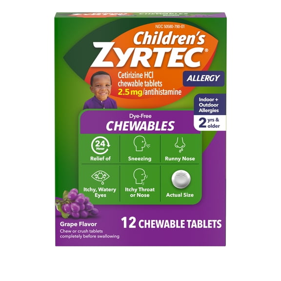 Children's Zyrtec 24 Hr 2.5 mg Allergy Chews for Ages 2 , Grape, 12 Count