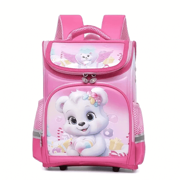 Children's backpack with adjustable shoulder straps, breathable mesh pockets, student backpack for kids, White Bear Pink