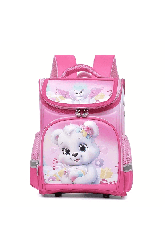 Children's backpack with adjustable shoulder straps, breathable mesh pockets, student backpack for kids, White Bear Pink