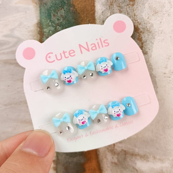 Children's cartoon short manicure 3D children's bow wearing armor 10 pieces three-dimensional diamond-set jade cinnamon dog nail pieces